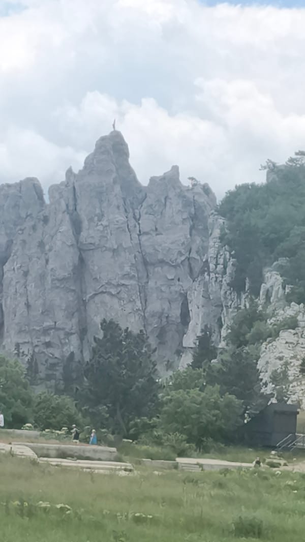 Rocky peaks and infrastructure in Ukraine's Crimean mountain zone