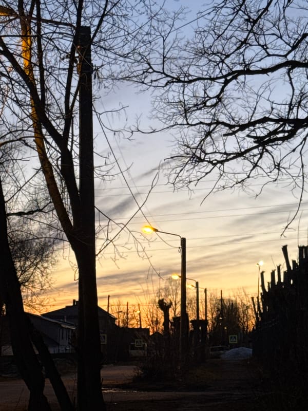 Twilight street scene documented in Usolye, Russia