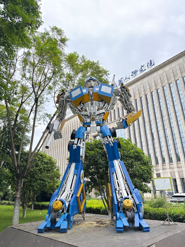 Metal robot sculpture spotted outside modern building in China