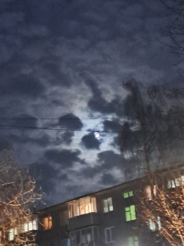 Night scenes captured in Elektrostal showing residential buildings, moon