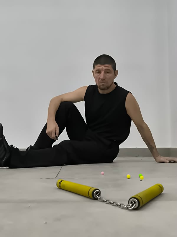 Man practices martial arts exercises in Qarağandı, Kazakhstan