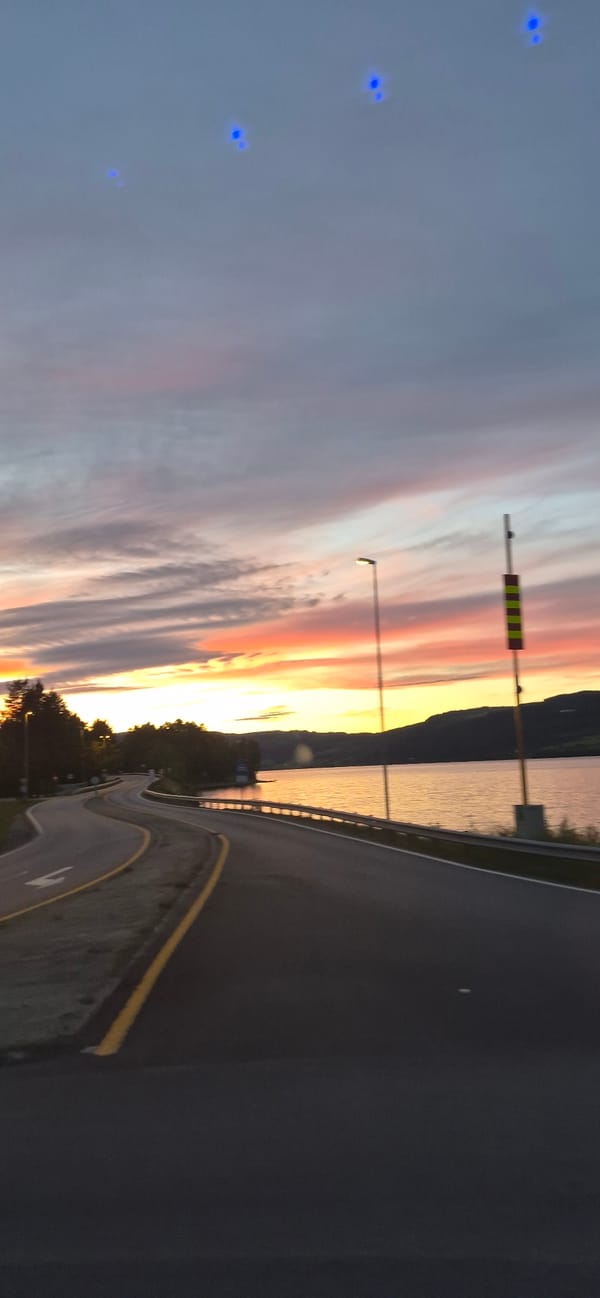 Summer twilight colors over a Norwegian fjord road