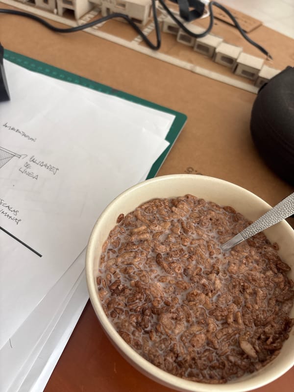 Late-night cereal break captured near architectural work in Mexico