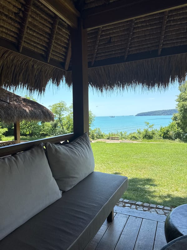Coastal view captured from beneath thatched roof structure