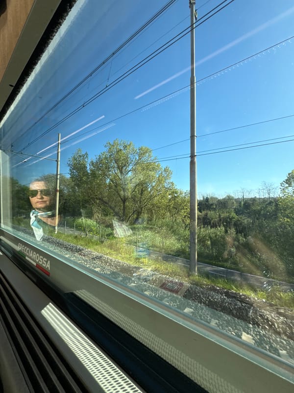 Masked passenger travels through Rome countryside by train