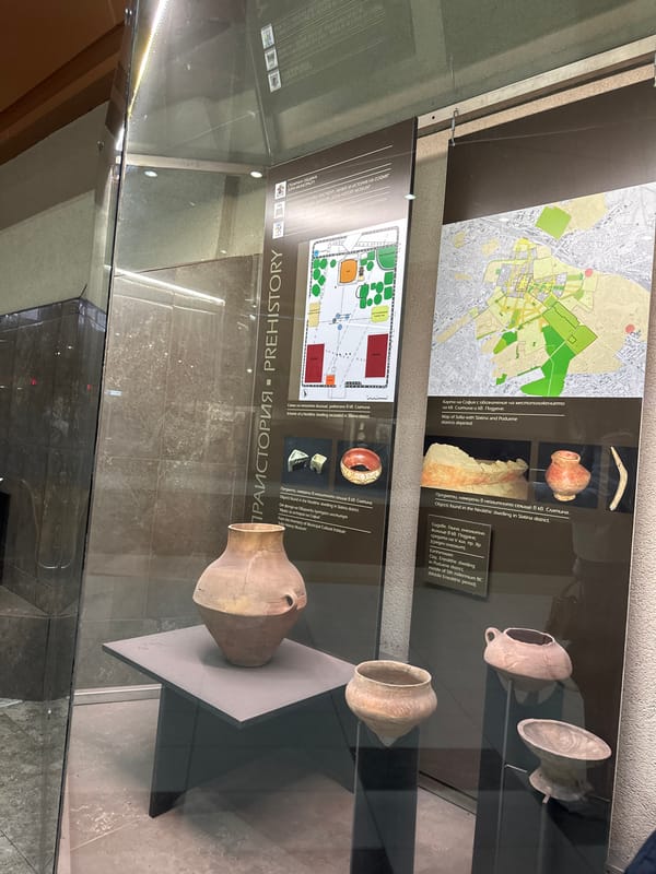 Museum visitor documents Sofia history exhibits, spots sleeping cat