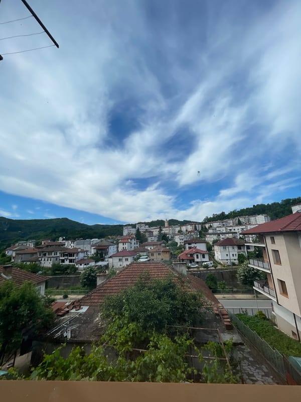 Zlatograd hillside town viewed from above on a June morning