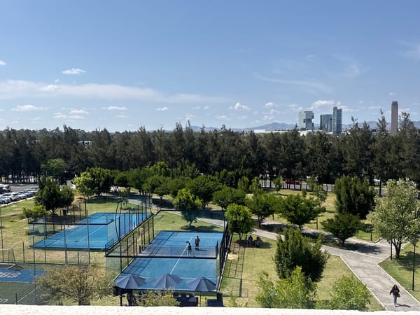 Urban park with padel courts and city views observed