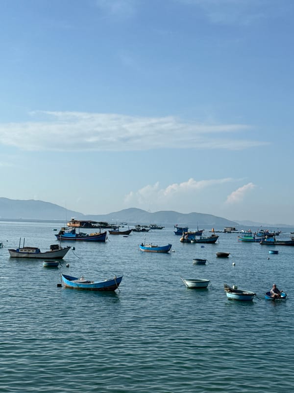 Nha Trang fishing harbor with traditional boats and fresh seafood market