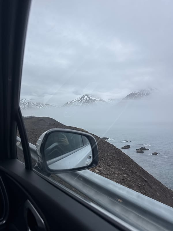 Traveler captures misty Iceland coastal views from vehicle