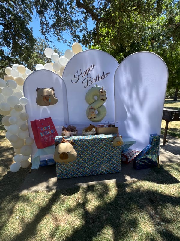 Outdoor birthday party setup with balloon arch and inflatable character