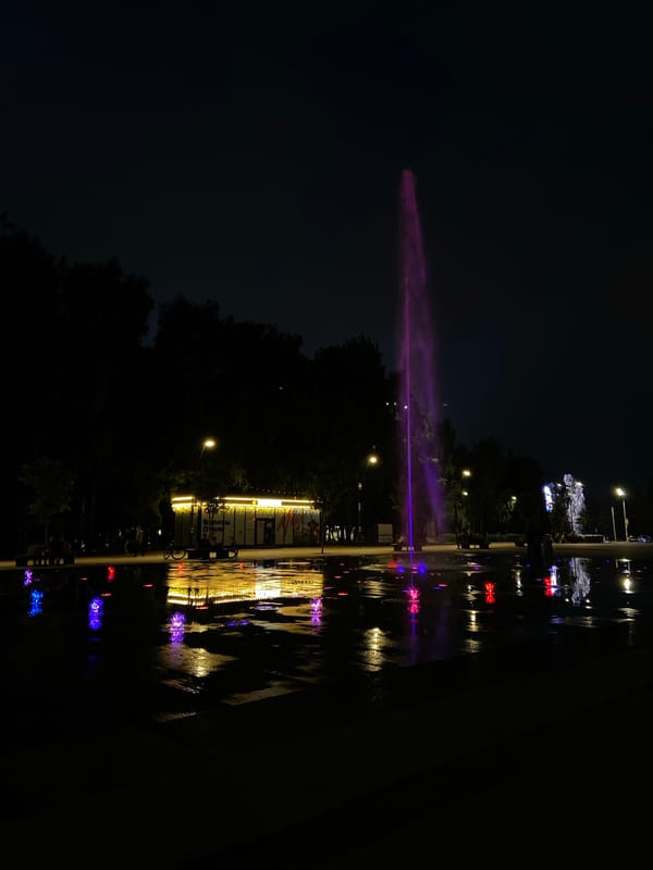 Colorful fountain display lights up Izhevsk square at night