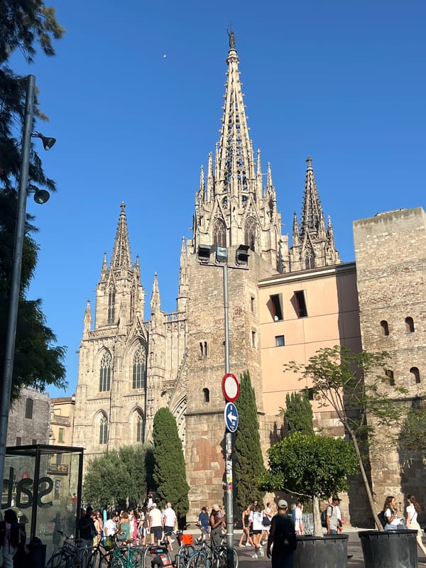 Gothic Quarter streets, cathedral spires, and street art in Barcelona