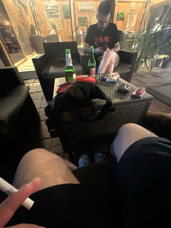 Evening social gathering documented at Lom, Bulgaria café