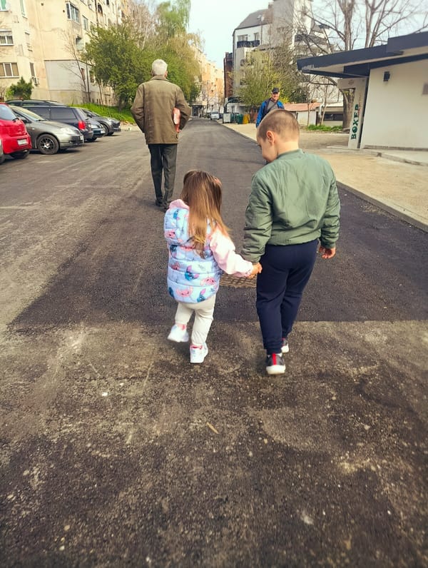 Children walk hand-in-hand on new street in Kardzhali