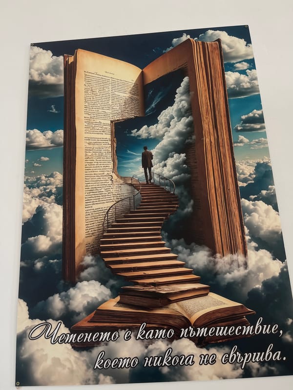 Literary posters with Bulgarian text displayed in Karnobat