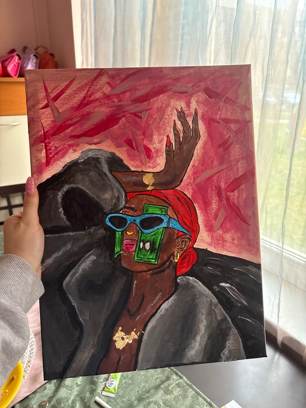 Person displays portrait painting of woman with money in Bulgaria