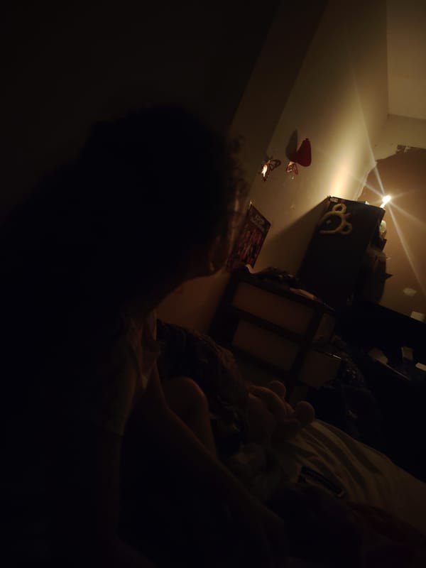 Person observed in dimly lit room with butterfly decorations