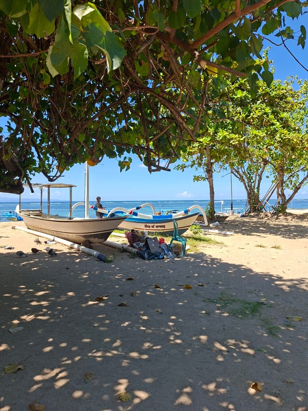 Traditional Balinese beach scene documented with boats and statuary