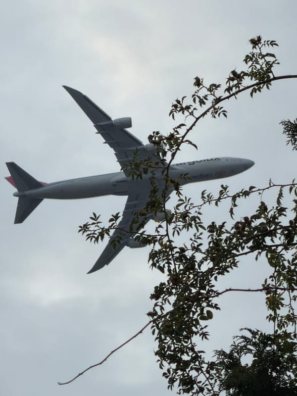 Cargolux 747 flies over Leudelange during a hazy sunset