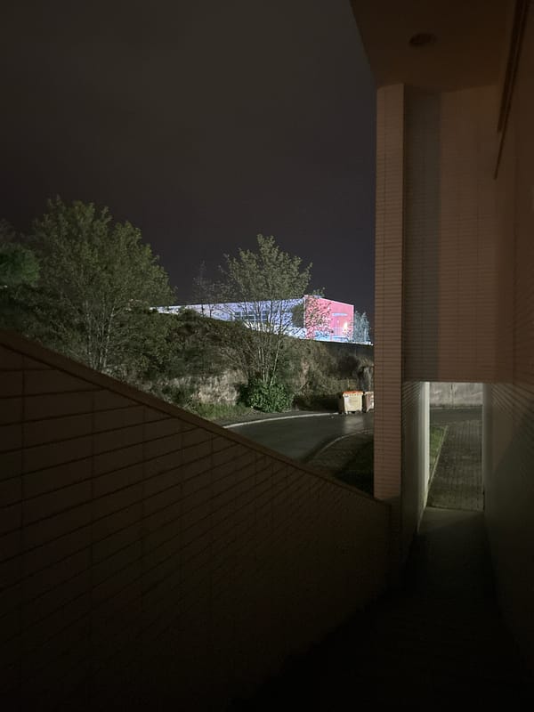 Nighttime building exterior photographed in Vila Real, Portugal
