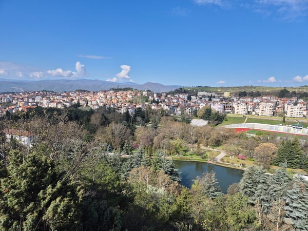 Morning dog walk overlooks Sandanski cityscape