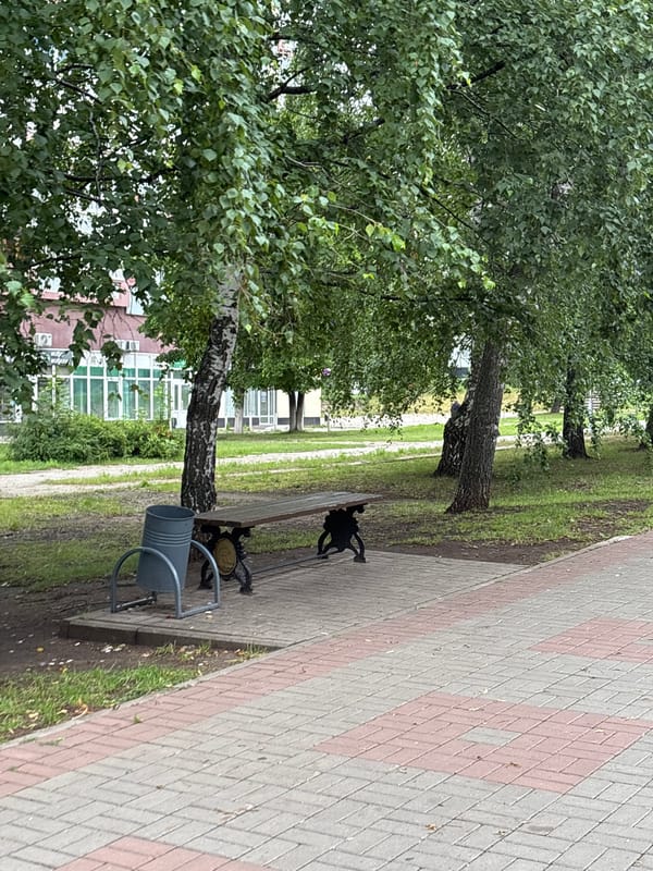 Tree-lined brick pathway in a Naberezhnye Chelny park
