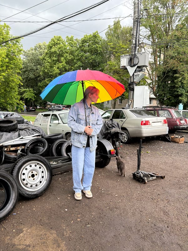 Roadside tire change and rainy afternoon stop in Nizhny Novgorod