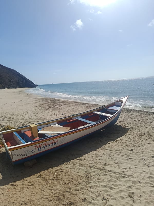 Visitors document colorful fishing boats at Guayacán beach