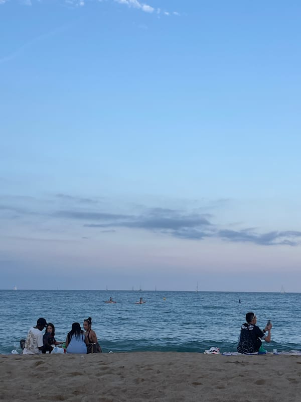 Evening beach leisure activities captured across Barcelona coastline