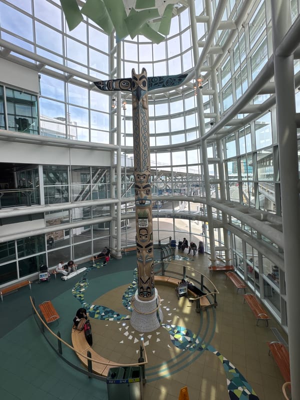 Evening documentation of Vancouver International Airport interior and exterior views