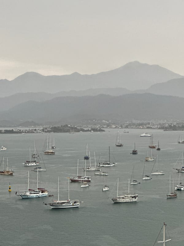 Fethiye marina packed with sailboats under overcast skies