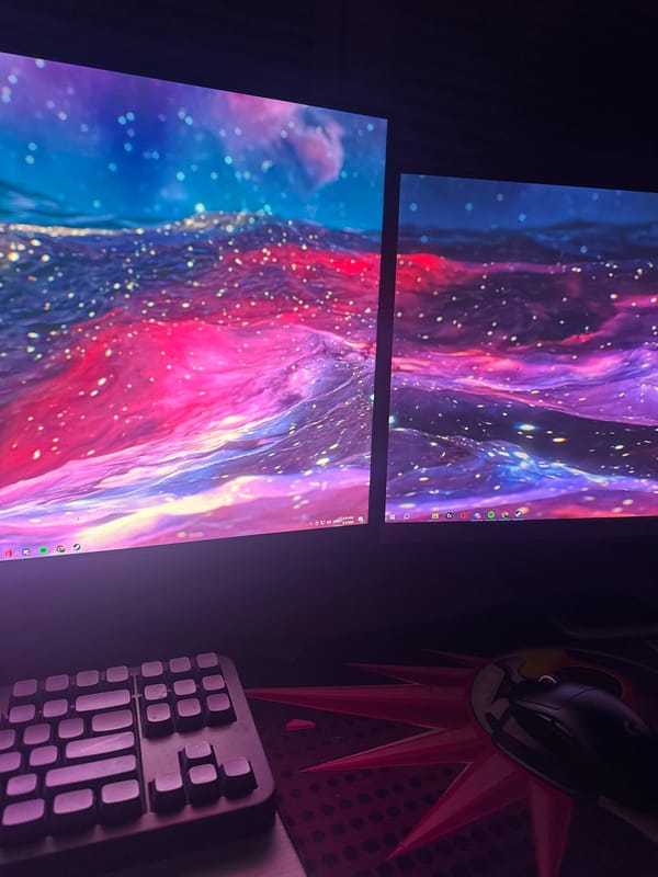 Dual monitor computer setup documented in Kozloduy, Bulgaria