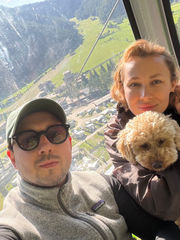 Cable car ride with a dog in the Dolomites