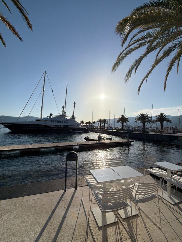 Sunny afternoon at Porto Montenegro's waterfront plaza