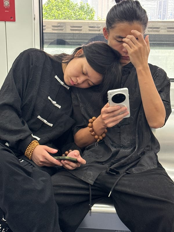 Two in traditional dress photographed on Yuzhong subway train