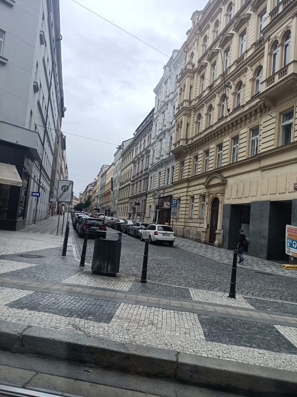 Overcast afternoon on a historic Prague street