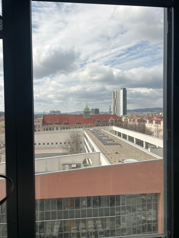 High-rise views capture Vienna cityscape under cloudy morning skies