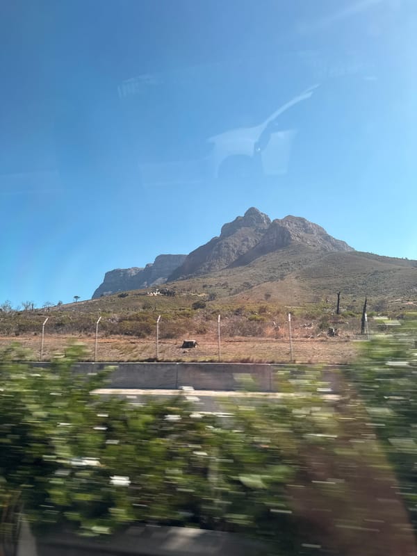 Mountain landscape photographed from moving vehicle in Cape Town
