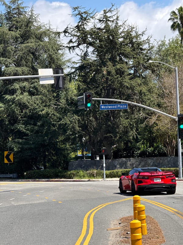 Red Corvette spotted at Westwood Plaza intersection in LA