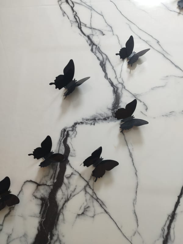 Black butterfly decals on marble-veined white surface in Astana