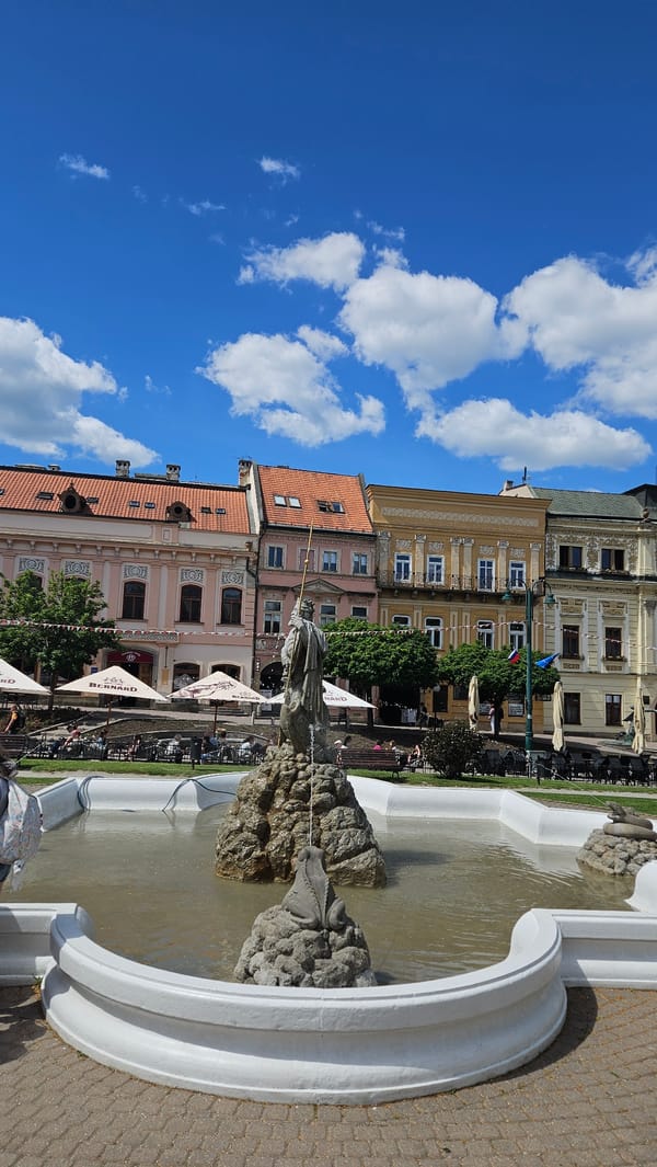 Tourist documents historic Prešov city center landmarks and streets