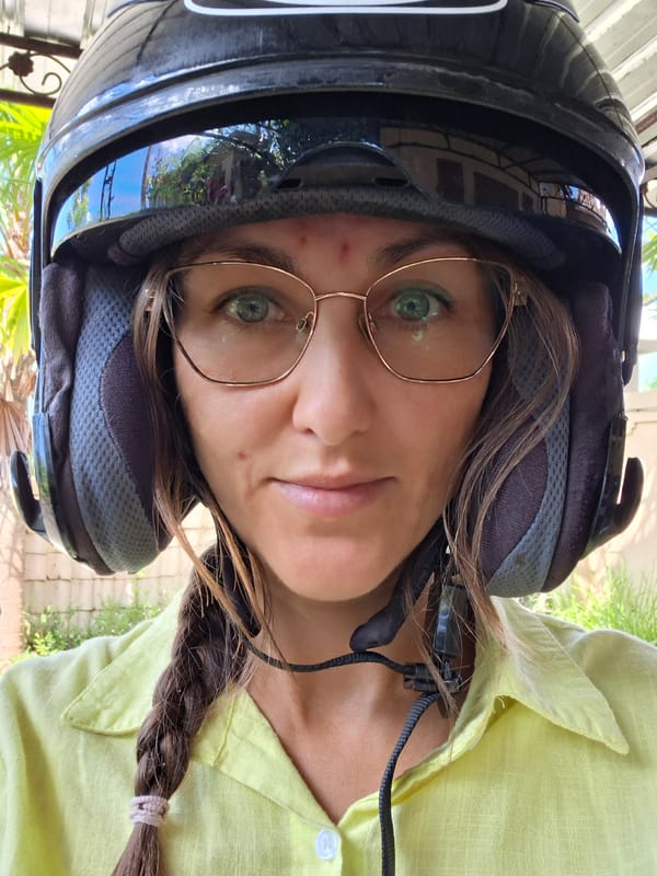 Morning scenes documented in Ubud: helmeted woman, porch dining