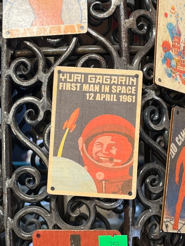 Tourist browses Russian souvenirs in Moscow shop
