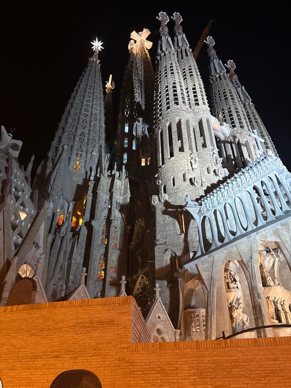 Evening scenes captured across illuminated Barcelona landmarks and plazas