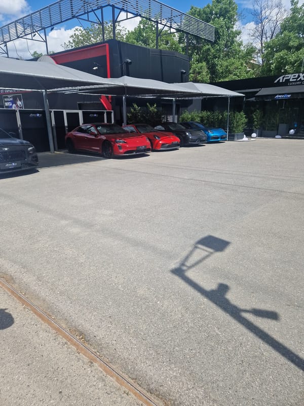 Cars parked at Apex Luxury Cars dealership lot