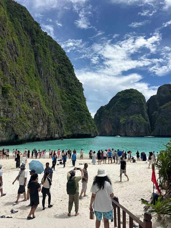 Maya Bay's crowded shore, red flag up, June 2026
