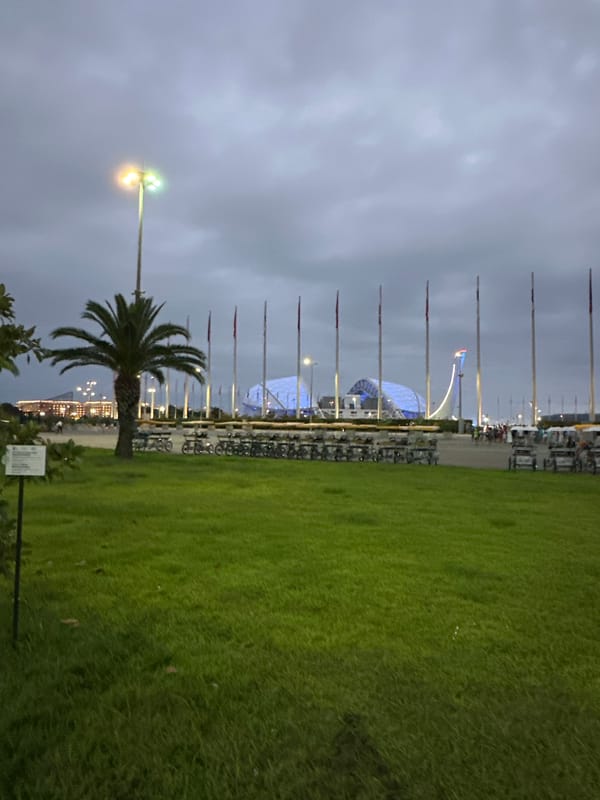 Sochi Olympic Park at dusk, stadium glowing blue