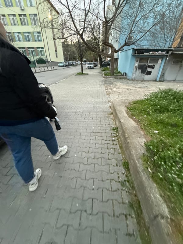 Dog walker strolls through Stara Zagora on spring afternoon