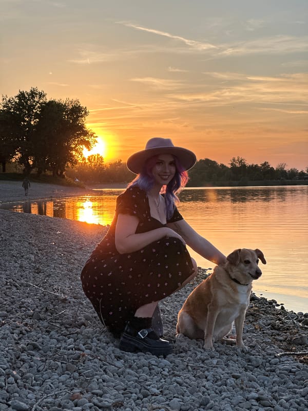 Woman, dog enjoy sunset moment on Zagreb rocky shore